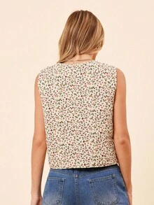 Coeurva Woven Printed Sleeveless Loose Vest Jacket For Women, Suitable For Vacation In Fall/Winter