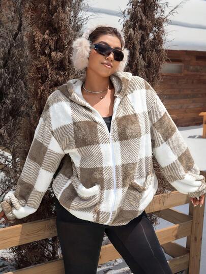 SHEIN EZwear Chaqueta informal con capucha de pelo rizado a cuadros talla grande, otoño/invierno