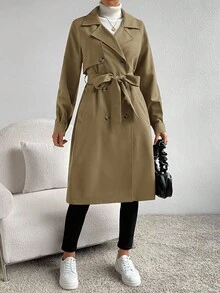 SHEIN Essnce Women's Solid Color Lapel NeckLong Sleeve Double-Breasted Casual Commuter Trench Coat, Autumn
