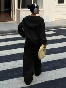 Muchica 女士奶油黄色休闲宽松运动衫套装，秋季新品 - 黑色 - 查看 2