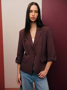 Nöista Elegant Burgundy Brown Tailored Blazer,Relaxed Fit Classic Lapels Three-Quarter Sleeves Summer Office Casual Fall Back To School Boho Holiday Blazer - Coffee Brown - View 3