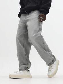 SUMWON 宽腿宽松牛仔裤经典宽松牛仔裤休闲街头风秋冬时尚原色织边浅灰色 - 灰色 - 查看 6