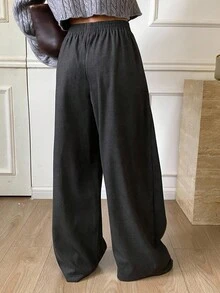 DAZY Damen Loose Fit einfarbige Fleece Weite Hose, Elastischer Bund Lässig Straßen-Stil, Herbst/Winter - Grau - Übersicht 2