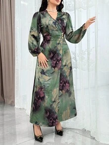 Modelyn 女式花卉印花重叠 V 领灯笼袖褶饰设计优雅连衣裙 - 彩色 - 查看 6