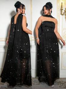 Flirla Plus Size Sequin Ruched Shoulder Dress, Sexy & Slimming, Formal Party Gown