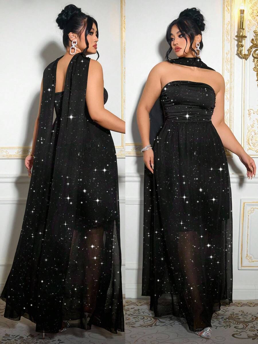 Flirla Plus Size Sequin Ruched Shoulder Dress, Sexy & Slimming, Formal Party Gown