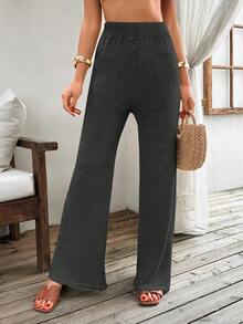 EURMUSE Women's Solid Color High Waist Flare Leg Knit Pants, Elegant For Autumn/Winter - Dark Grey - View 4