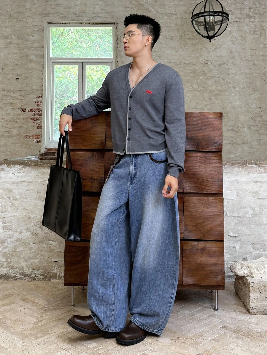 ESTAVOR Men's Embroidered Design Single-Breasted Casual Knit Cardigan, Autumn, For Fall Winter - Black - View 1