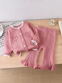 SHEIN Ruffled Heart Toddler Bell-Bottom Outfit,Cute Peach-Pink White,Autumn Matching Family Toddlers Ruffled Texture Top&Elastic Waist Pants Comfortable Set - Multicolor - View 9