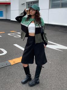 Livesso 女秋冬字母图案提花拼色撞色拼接宽松休闲街头风职场装时尚针织开衫 - 綠色 - 查看 6