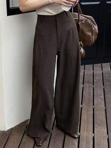 DAZY 女式纯色纽扣拉链休闲百搭阔腿裤 - 咖啡棕 - 查看 9