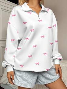 Veykashi 学院风百搭休闲粉色蝴蝶结图案女式大码宽松半拉链高领卫衣，适合秋冬季节，秋季女式卫衣，白色卫衣可爱卫衣女式可爱衬衫卫衣女式卫衣 - 彩色 - 查看 4