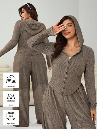 Solflare 大码女式休闲日常通勤简约纯色拉链连帽夹克和阔腿裤两件套，春秋季