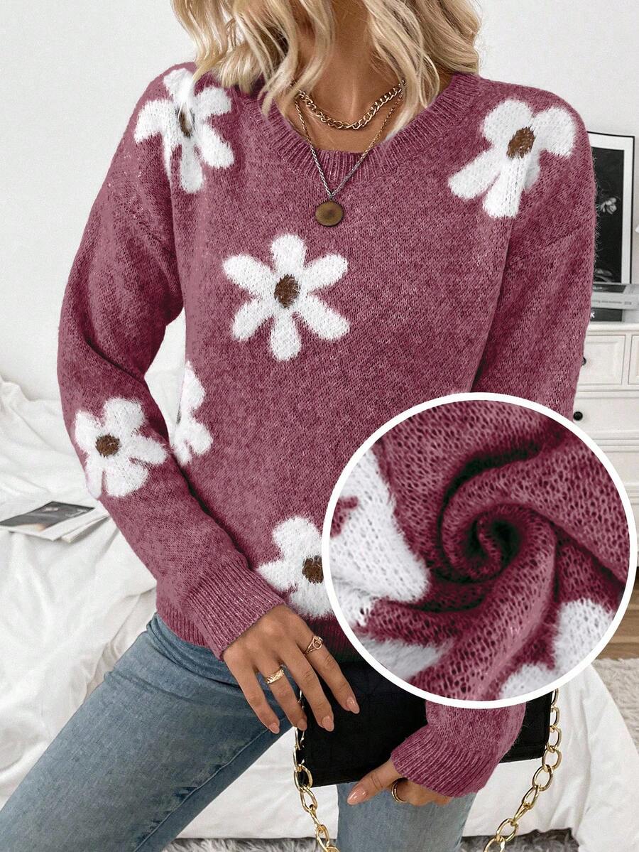 EMERY ROSE Women's Casual Fluffy Flower Pattern Round Neck Drop Shoulder Long Sleeve Knit Pullover Sweater, Autumn/Winter - Maroon - View 1