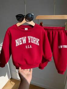 SHEIN 2pcs Baby Boy/Girl Casual Sports Grey Letter Print Long Sleeve Hoodie And Pants Tracksuit Set, Autumn/Winter Baby Set Autumn Winter Season Red Toddler Outfit - Burgundy - View 5