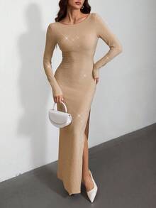 SHEIN Tall Damen einfarbiges minimalistisches rückenfreies Langarmkleid, lässige Alltagskleidung, für große Frauen - Khaki - Übersicht 3