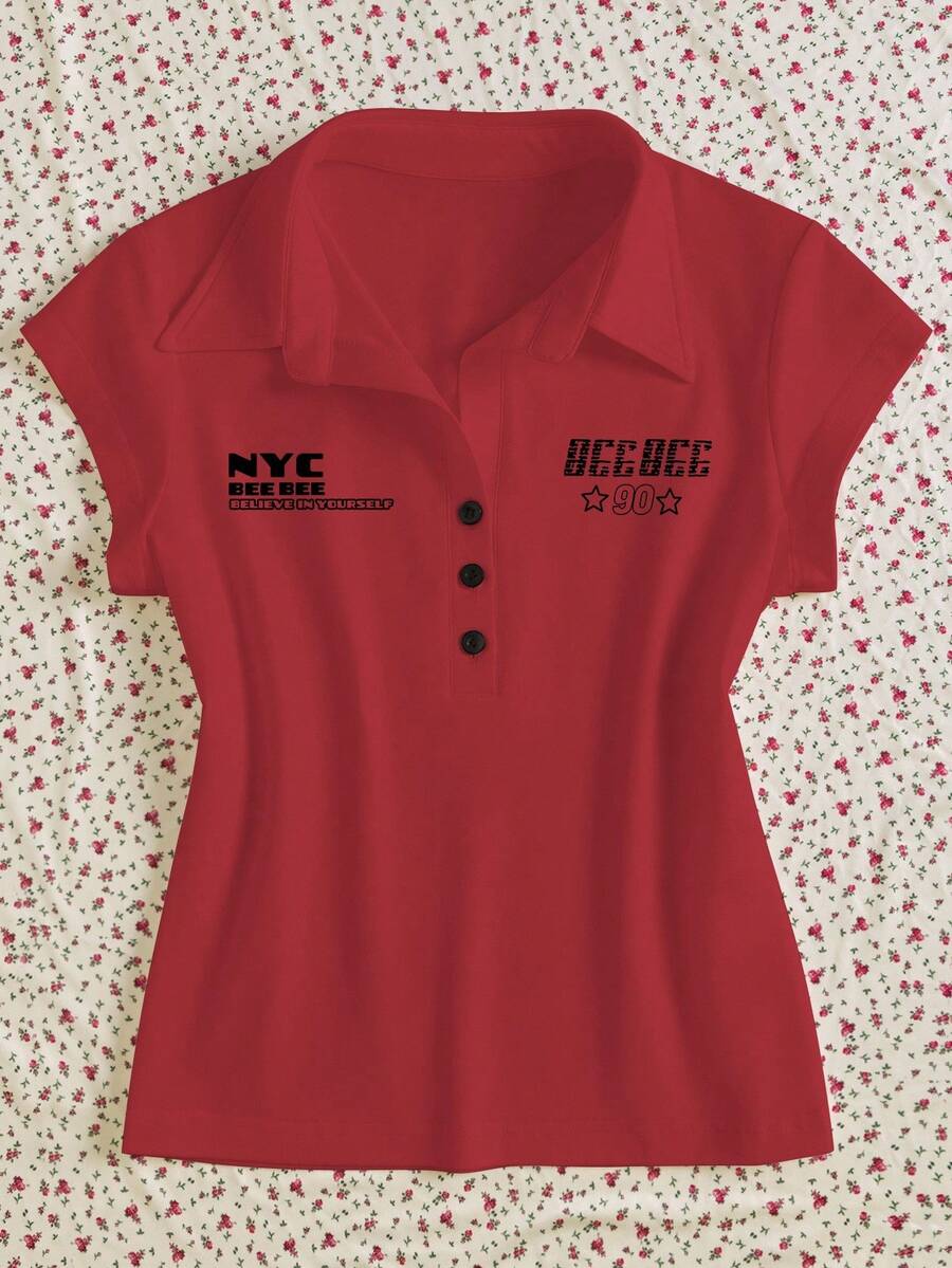 Rina Fox 女式休闲字母印花短袖T恤，夏季 - 紅色 - 查看 1