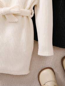 SHEIN 2 件套女婴针织长袖高领宽松连衣裙，适合外出和聚会，秋冬季 - 黑色 - 查看 7