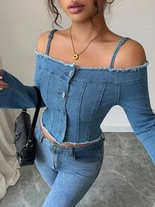 Siren Gaze 1 Peça Blusa Casual Feminina de Mangas Longas Denim com Alças Finas e Ombros à Mostra, Azul