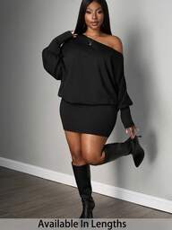 SHEIN PETITE CURVE Plus Size Sexy Slash Shoulder Long Sleeve Form-Fitting Mini Dress, Streetwear Style For Music Festival Black Off Shoulder Dress Black 2 Piece Set Black Skirt Set Long Sleeve Two Piece Set Comfortable Two Piece Set