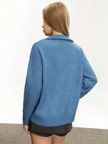 INAWLY Sweater Kasual Lengan Panjang Wanita Warna Polos dengan Resleting Setengah di Bagian Depan dan Bahu Longgar, Musim Gugur/Dingin - Biru - View 3