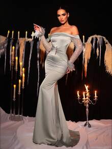 Glamrae Elegante vestido de gala con hombros descubiertos, mangas largas transparentes, puños con plumas, cintura adornada y cola de pez, en color verde guisante, adecuado para todas las ocasiones formales