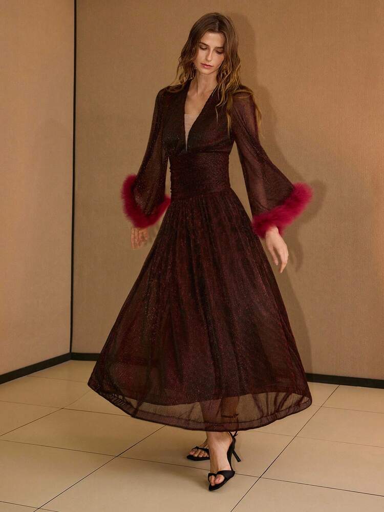 PLUNGING V-NECK FUZZY PATCHWORK FLARE HEM DRESS, CHRISTMAS DRESS, RED DRESS, NEW YEAR DRESS