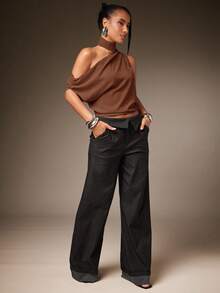 Hauture Sexy Mob Wife Party Casual One Shoulder Neck Scarf Ruched Blouse Top