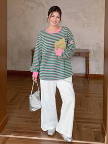 Dazy Plus Contrast Color Block Striped Loose Casual Long Sleeve T-Shirt For Plus Size Women, Spring/Autumn - Green - View 7