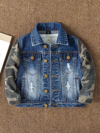 Young Boys' Denim Jacket,Mid-Blue Camouflage Cuff Patchwork Street Fashion Cotton Coat For Autumn,Career Day,Back-To-School,Collegiate Style,Outdoor
