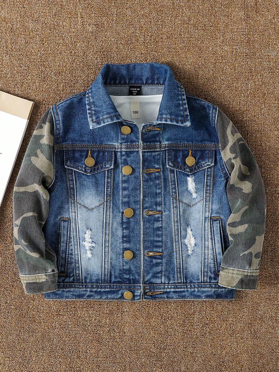 Veste et manteau en jean pour garçons, printemps/été/automne/hiver, couleur jean bleu moyen, style universitaire, mode de rue, extérieur, patchwork de poignets camouflage, coton confortable, port quotidien, école, déplacement, fête, voyage, rentrée scolaire, nouvelle collection automne