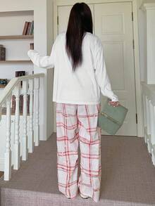 Dazy Plus 2pcs Plus Size Women Casual Plaid Pajama Set, Loose Fit Pullover Top And Pants, Cozy Outfit, Fall Winter Clothes - White - View 2