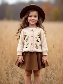 Emery Rose Kids Emery Rose Kids Young Girls 2pcs Set: Embroidered Sweater Cardigan & Contrast Color Skirt, Suitable For Picnic, Home, Casual Daily, Back To School, Warm & Comfortable, Suitable For Autumn/Winter, Long Sleeve Cardigan, Contrast Skirt, Embroidered Sweater Toddler Girl Clothes Set Baby Girl Flower Outfit Set Toddler Girl Floral Outfit 2pcs Set Toddler Girls Girls Knit Set 2pcs Set Toddler Girls Cute Vintage Style Toddler Girl Sweater Set Toddler Girl Spring Outfit Baby Girl Floral Outfit Set 2 Piece Knit Set Todd Fall