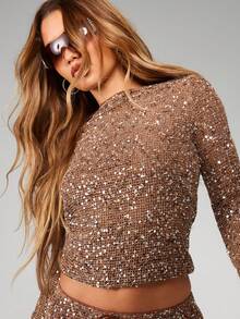 MISSGUIDED Top de manga larga con espalda abierta, de punto con lentejuelas, para uso en fiestas, clubes y ocasiones especiales, con acabado metálico para uso en festivales y días festivos - Café integral - Ver 4