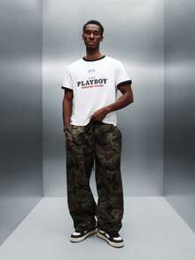 PLAYBOY X SUMWON Áo thun Cotton Racing Club Ringer dáng ôm vừa vặn họa tiết cờ ca rô cổ điển viền tương phản in họa tiết cổ điển logo cổ điển cổ điển cổ tròn - trắng - Xem 5