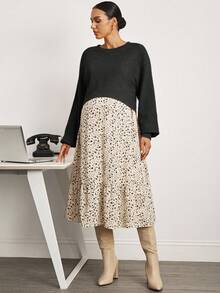 MaterniWear 2pcs Maternity Set: Solid Color Top & Ditsy Floral Nursing Dress Fall Dresses For Women Leopard Skirt Modest Outfits For Women Maternity Clothes Fall Winter Women Skirt - Multicolor - View 3