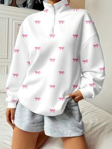 Veykashi 学院风百搭休闲粉色蝴蝶结图案女式大码宽松半拉链高领卫衣，适合秋冬季节，秋季女式卫衣，白色卫衣可爱卫衣女式可爱衬衫卫衣女式卫衣 - 彩色 - 查看 3