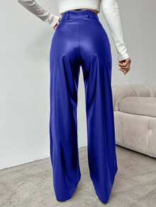 EURMUSE Women's Solid Color High Waist Straight Leg Pants, Suitable For Commuting - Royal Blue - View 2