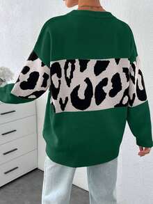 EURMUSE Femmes Pulls lâches tricotés à manches raglan avec imprimé léopard - Vert - Voir 2