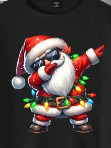 圣诞快乐男士时尚卡通可爱圣诞老人彩色灯条字母标语图形基本款圆领短袖T恤，适合圣诞派对和外出 - 黑色 - 查看 5