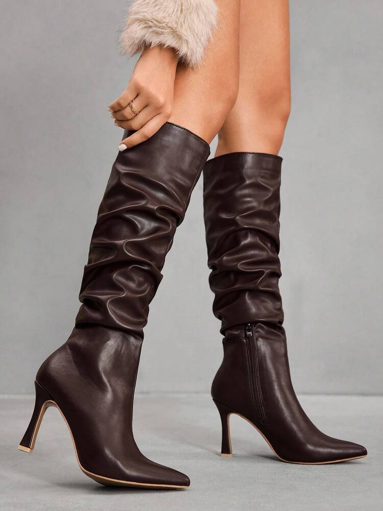 CUCCOO SZL Women's Pointed Toe Stiletto Heel Ruched Tall Boots, Coffee Color, Glamorous Sexy For Nightclub Party, Knee-High Boots For Christmas Spring Shoes