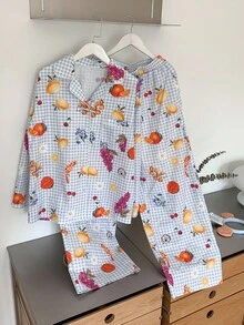 DAZY 度假风水果美食图案格子女式睡衣套装，秋冬服装 - 藍色 - 查看 9