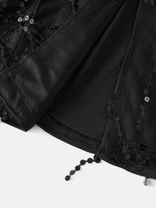 SHEIN BAE Chaqueta de blazer ajustada con perlas negras y flecos para mujer de talla grande, para fiesta de Halloween, otoño/invierno - Negro - Ver 8