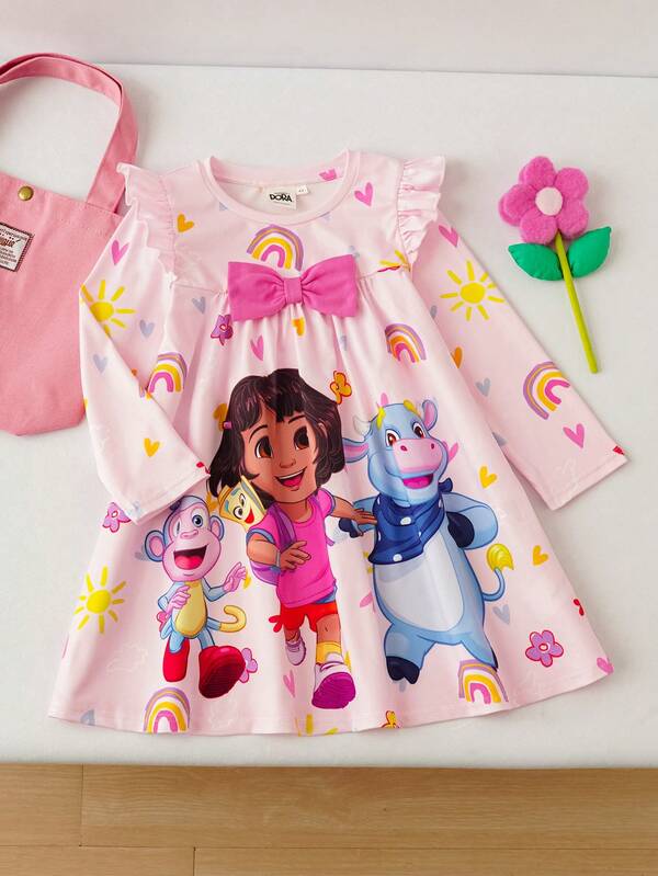 DORA | SHEIN Young Girl Cute Cartoon Dora Rainbow Print Round Neck Ruffle Trim Long Sleeve Bow Trim Knit Pink Dress