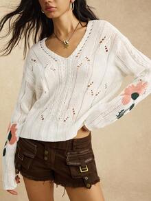 Easelle Casual Floral Embroidered Hollow Knit Sweater, Autumn Wool Pattern Autumn And Winter Sweater V-Neck White Embroidered Pattern