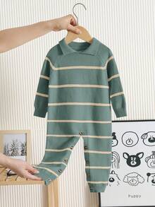 SHEIN Bộ đồ liền thân tay dài cổ polo kẻ sọc thời trang cho bé trai/bé gái mới sinh, phù hợp cho mùa thu/đông, trẻ mẫu giáo - màu xanh lá - Xem 5