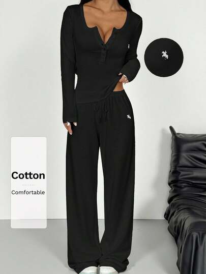 SHEIN EZwear Women's Black Knit Long Sleeve Top And Pants Casual Suit Long Sleeve Sets For Woman Cotton 2 Piece Set Comfortable Two Piece Set Lounge Sets For Women Two Piece Set Women Comfy Long Sleeve Two Piece Set Long Sleeve 2 Piece Set