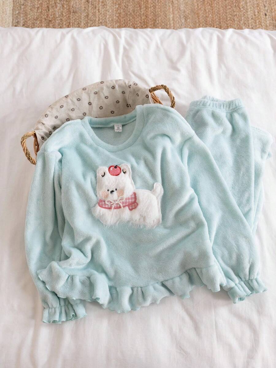 Genkimix Kids Ensemble de pyjama confortable et décontracté avec Top à manches longues et pantalon de couleur vert menthe minimaliste pour filles - Vert - Voir 1