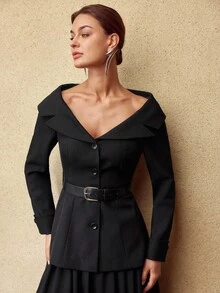MOTF PREMIUM WOMEN'S GLITTER MATERIAL V-NECK BLAZER WITH BELT, AUTUMN/WINTER - Black - View 6