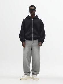 SUMWON 宽腿宽松牛仔裤经典宽松牛仔裤休闲街头风秋冬时尚原色织边浅灰色 - 灰色 - 查看 5